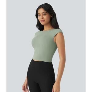 NWT Halara Boat Neck Cap Sleeve Cropped Casual T-Shirt-UPF50+ Asparagus Size S